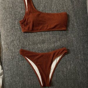 One-Shoulder Brown Textured Bikini Set